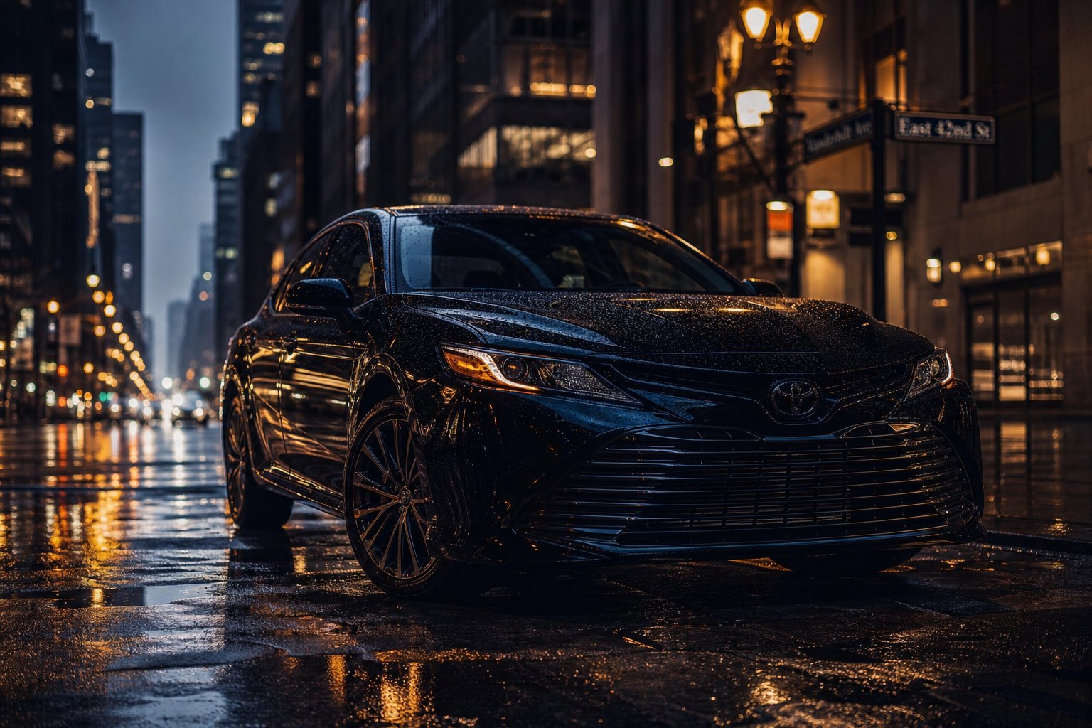 Car on a city street at dusk