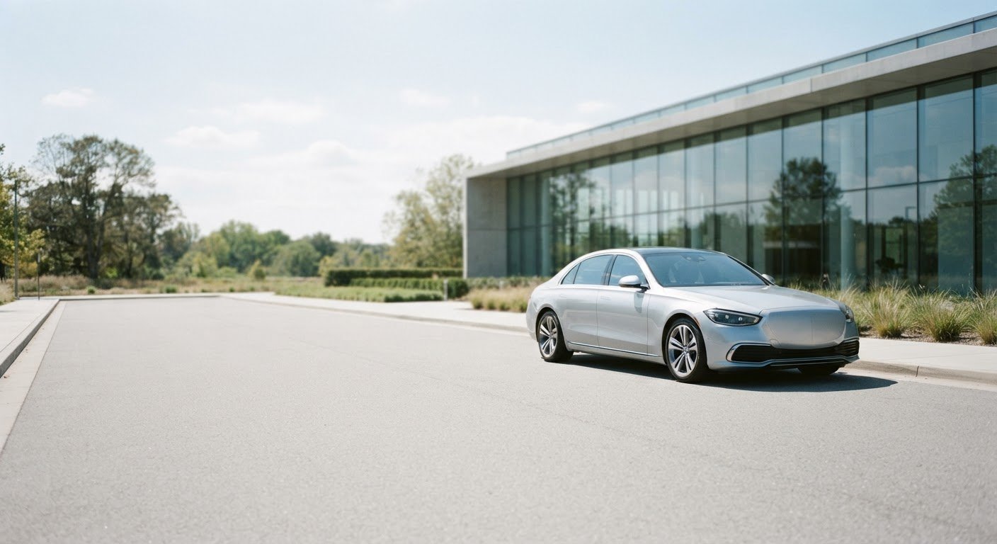 Modern sedan parked outside a contemporary office building